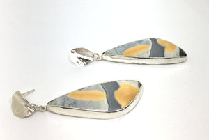 Yellow and Gray Jasper Earrings with Hand Forged Sterling Silver Leaves