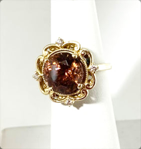 Red Zircon Diamond Ring in 14K Yellow Gold