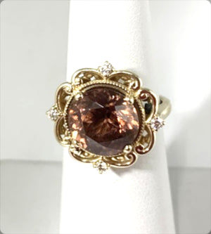 Red Zircon Diamond Ring in 14K Yellow Gold