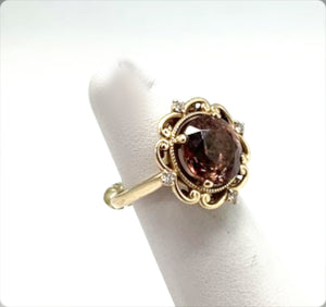 Red Zircon Diamond Ring in 14K Yellow Gold
