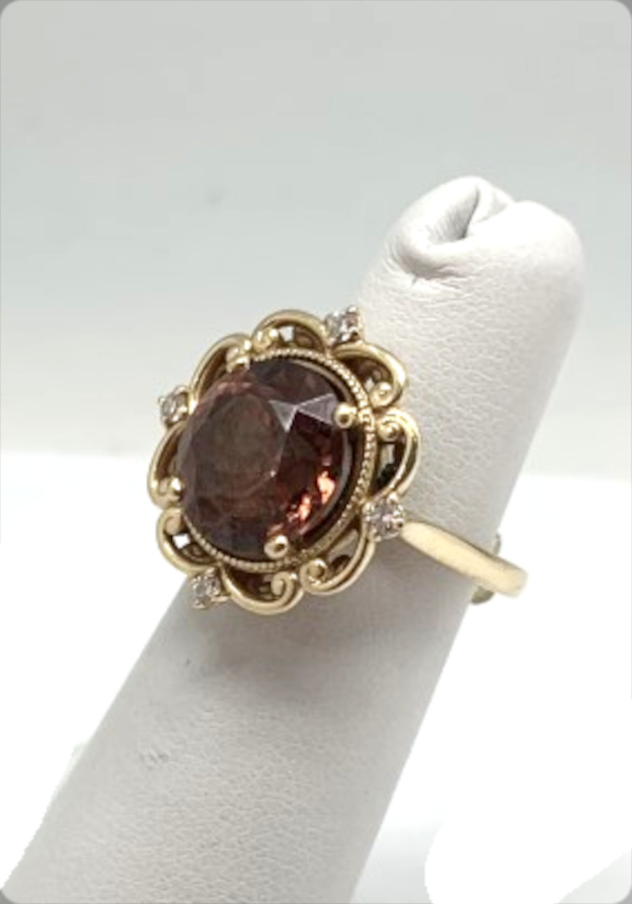 Red Zircon Diamond Ring in 14K Yellow Gold