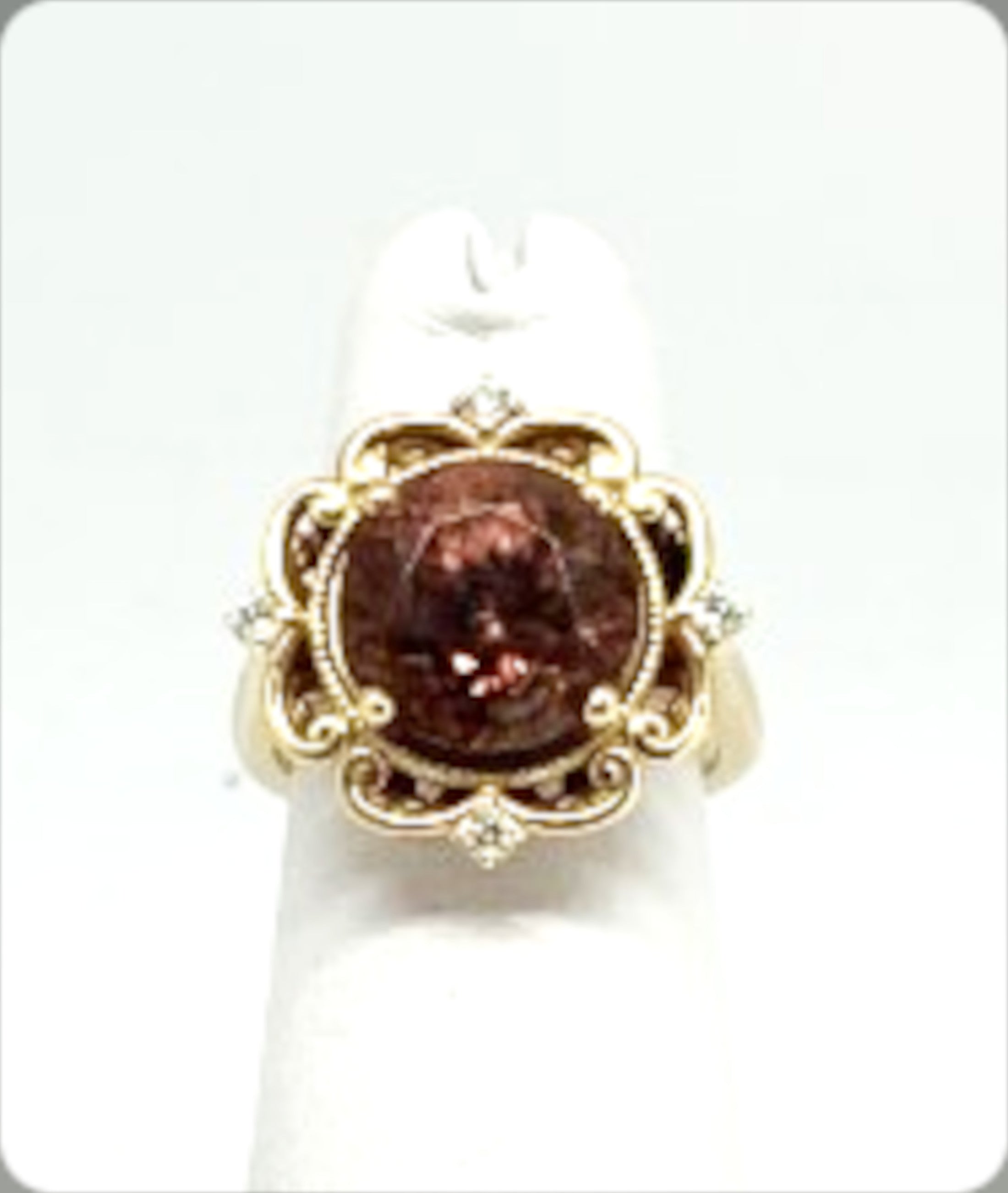 Red Zircon Diamond Ring in 14K Yellow Gold