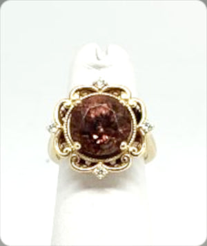 Red Zircon Diamond Ring in 14K Yellow Gold
