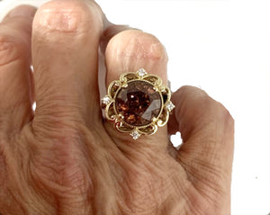 Red Zircon Diamond Ring in 14K Yellow Gold